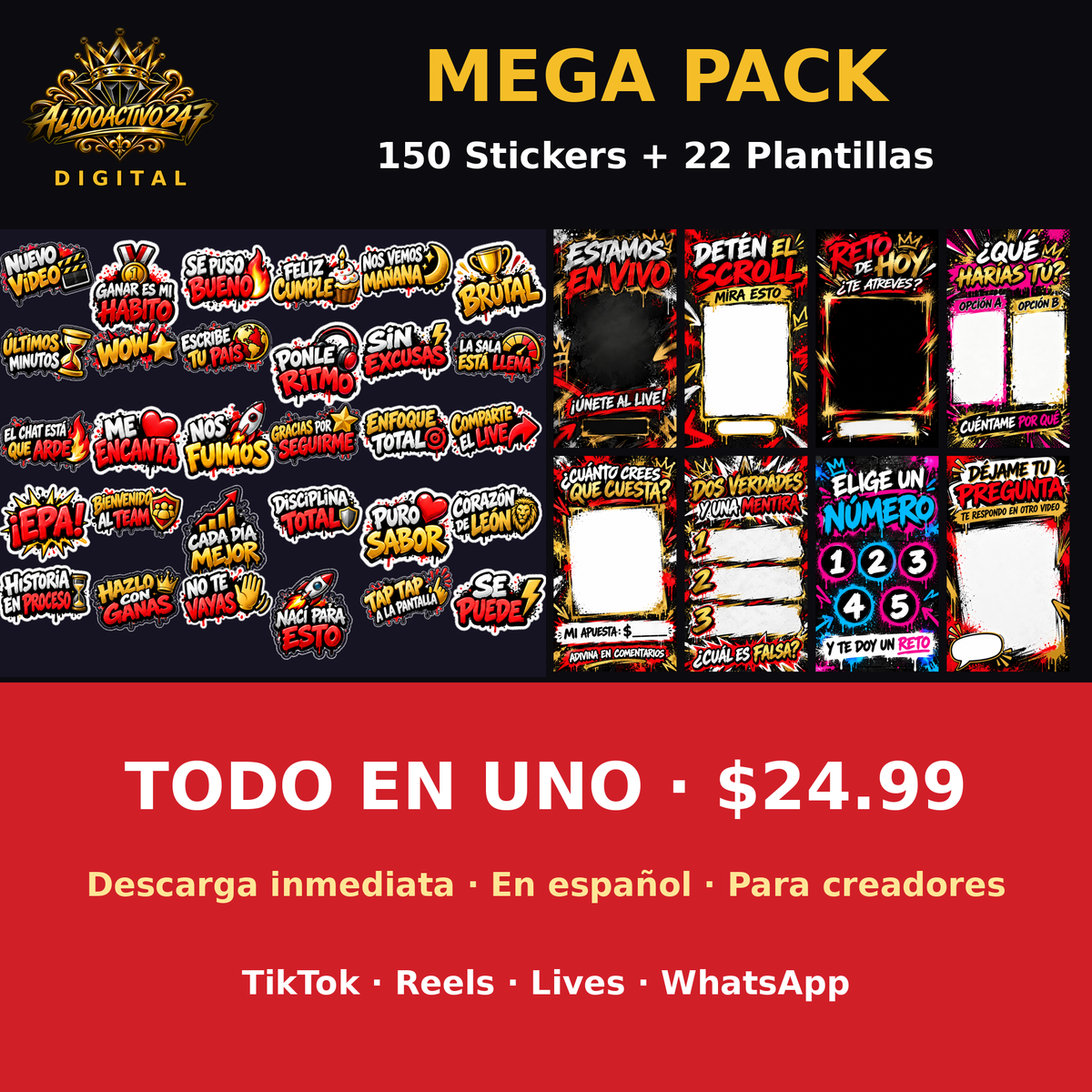 Mega Pack Creador: 150 Stickers + 22 Plantillas TikTok